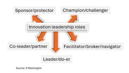 Five innovation leadership roles: sponsor or protector, champion or challenger, co-leader or partner, facilitator, broker or navigator, and leader or do-er