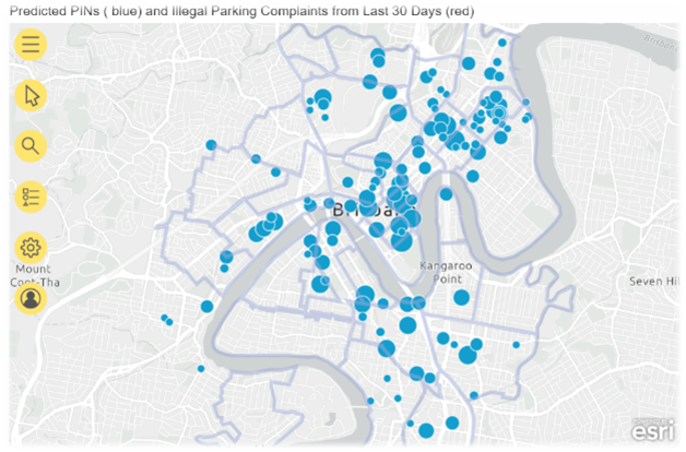 Map of Brisbane showing predicted parking infringement hotspots in blue and illegal parking complaints from the last 30 days in red