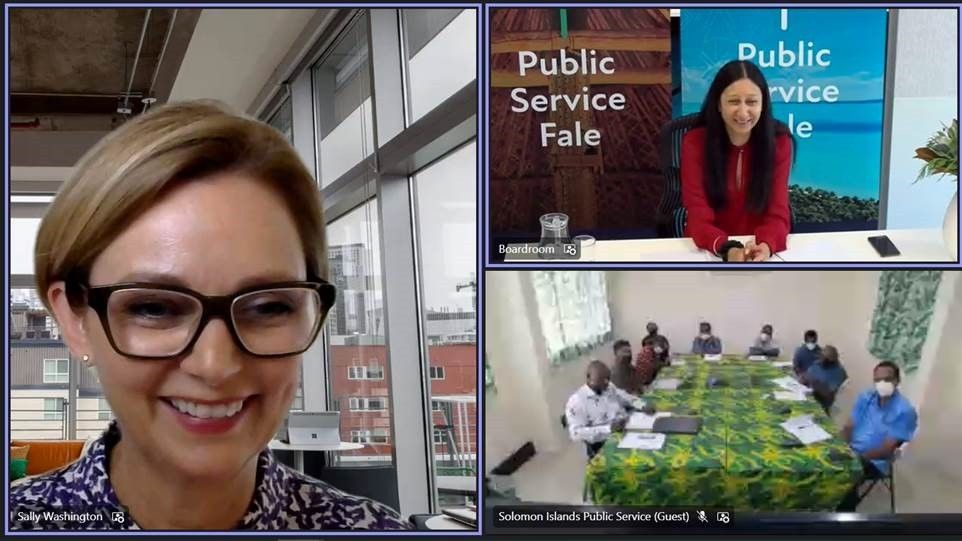 Video call between Sally Washington and public servants from the Solomon Islands Public Service Fale