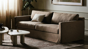Living room with a brown sofa, white pillow, round coffee tables, a tall plant, and framed artwork, set in soft natural lighting.