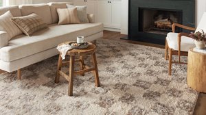 Cozy living room with a beige sofa, plaid pillows, rustic wooden coffee table, cup, and snacks. Soft textured rug and black fireplace in the background.