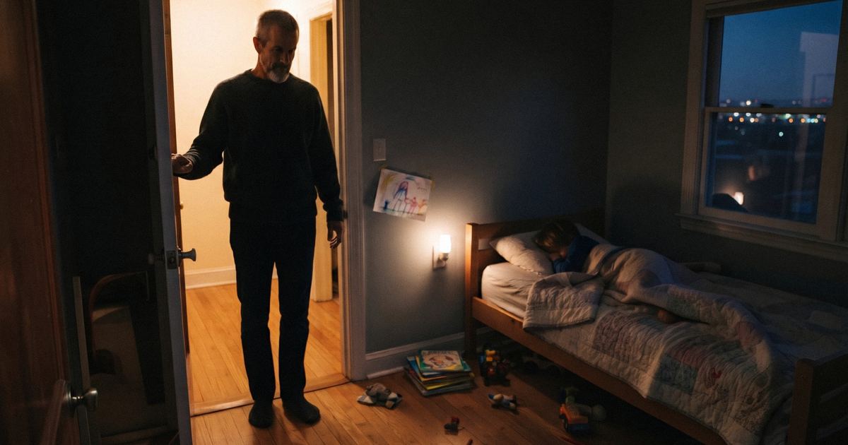 A father stands in the lit doorway at night, watching his child sleep.
