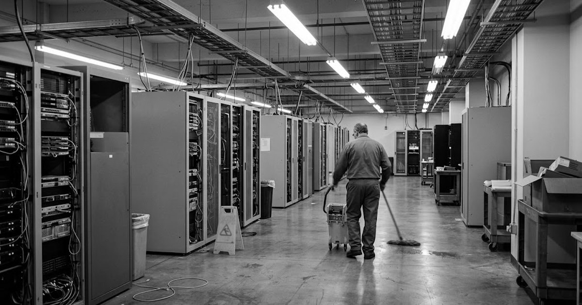 A lone janitor mops the floor of a data center at night, the only person among rows of machines.