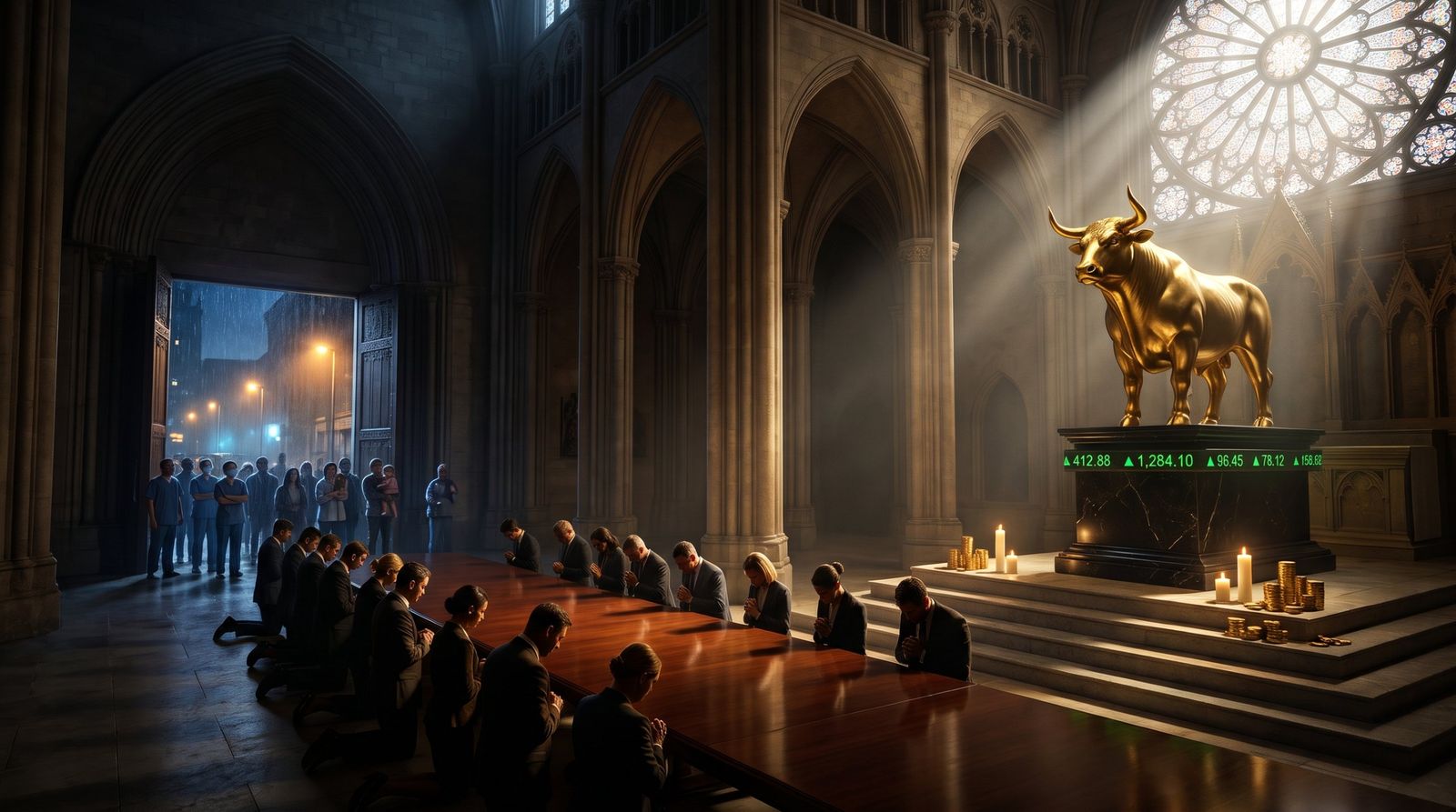 Executives kneel before a gilded bull on a cathedral altar while the people they serve watch from the rain outside.