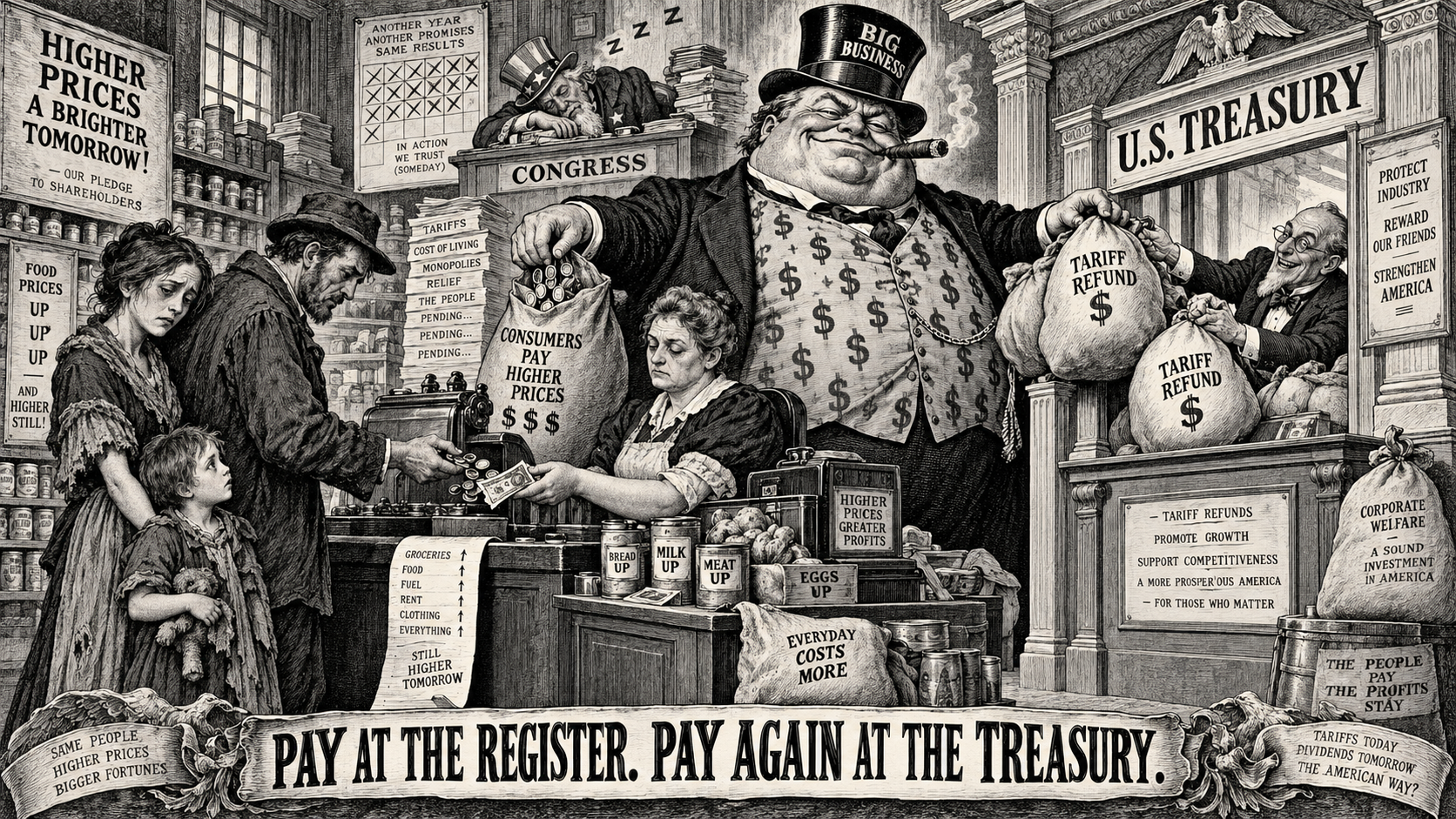 Black-and-white political cartoon in the style of Thomas Nast showing a struggling American family paying higher grocery prices while a grinning corporate fat cat collects tariff refund money bags fro