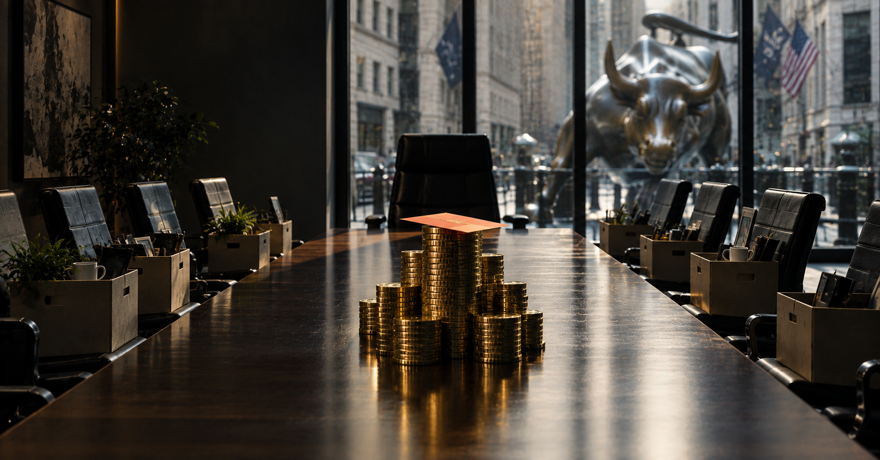 A boardroom emptied of its people. Every seat holds a cardboard box packed with someone's life: a plant, a family photo, a coffee mug. In the middle of the table, the spoils: a tower of gold coins wit