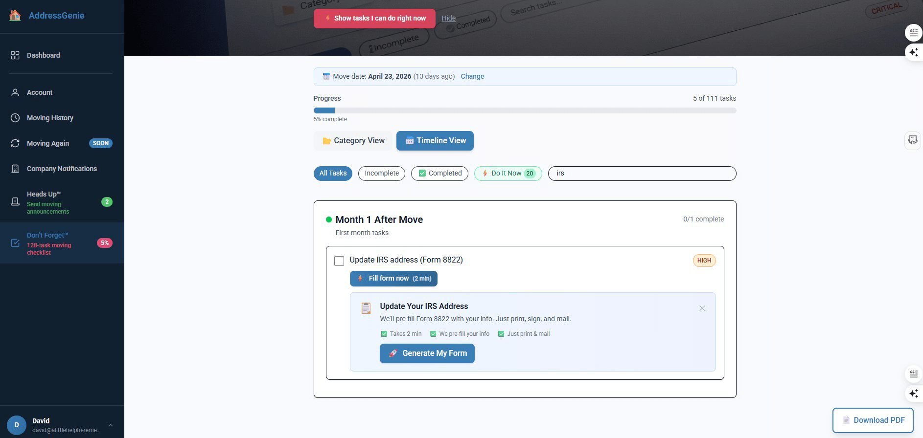 Dashboard of AddressGenie showing progress on moving tasks, with an option to update IRS address using Form 8822.