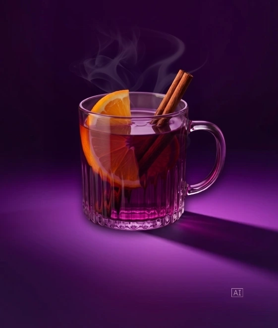 Dampfender Hot Violet in Glas mit Organgenscheibe und Zimtstange (AI generiert)