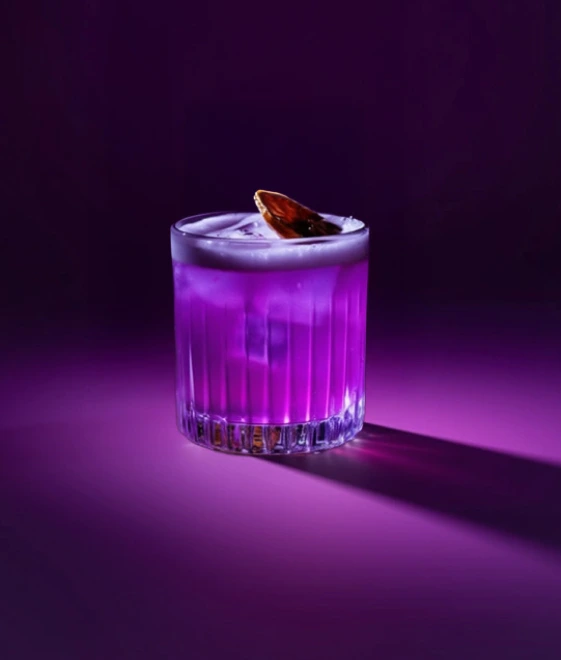 Kurzes Glas mit Violet Sour, gekrönt von Schaum, Eis und einer getrockneten Zitrusfruchtgarnitur auf lilafarbenem Hintergrund.