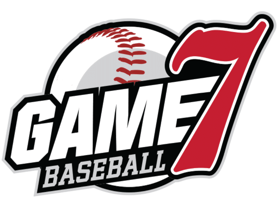 Game 7 Baseball logo featuring a baseball with red stitching and a red flag.