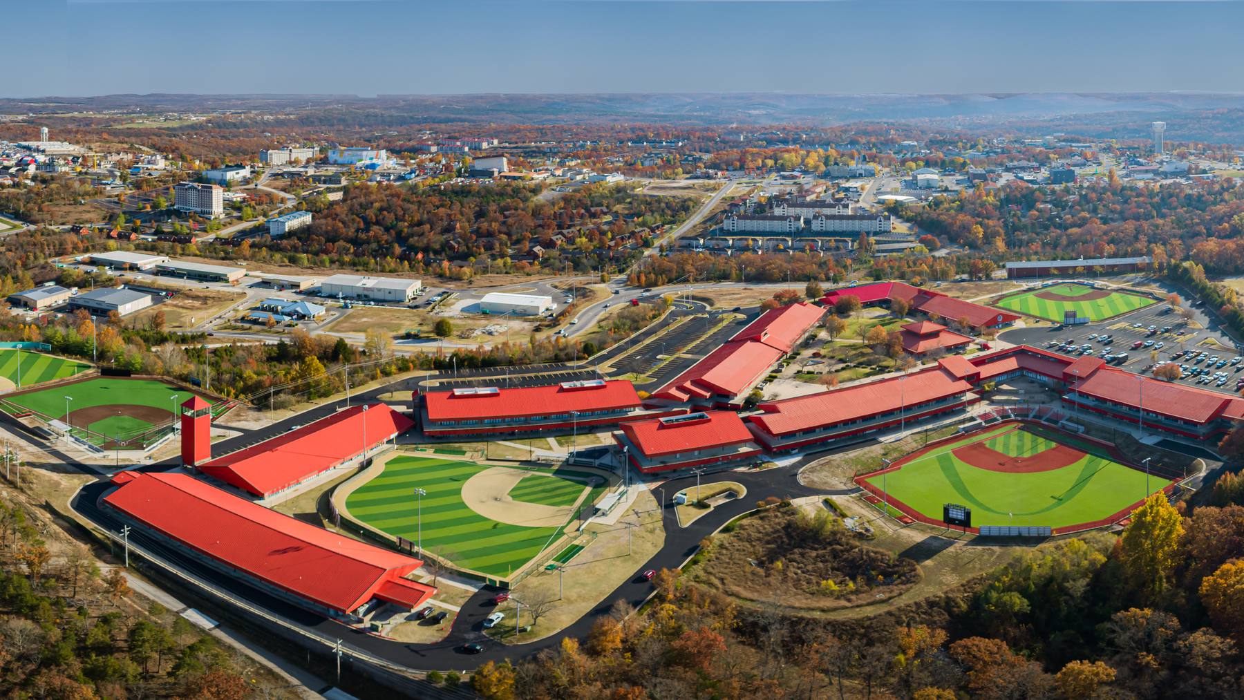 Aerial view of the Ballparks of America complex in Branson, Missouri