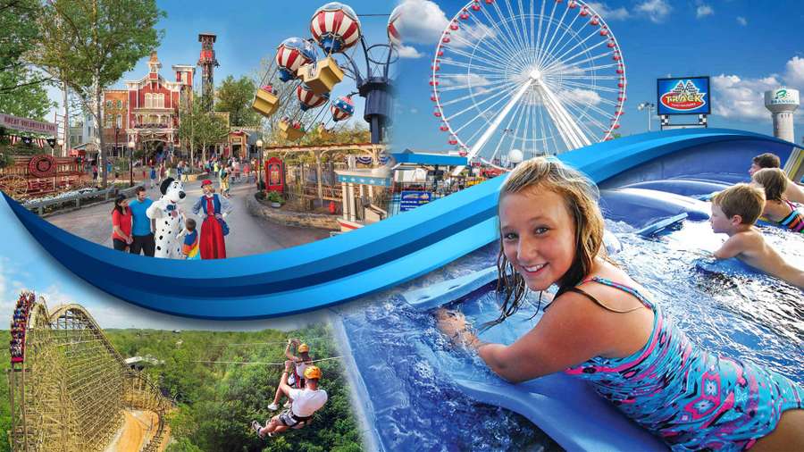 A collage of amusement park attractions including water slides, a Ferris wheel, roller coasters, and character meet-and-greets.
