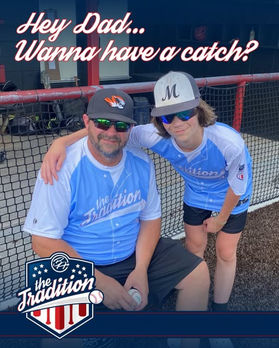 Hey Dad... wanna have a catch? A dad and son in matching Tradition jerseys in the dugout