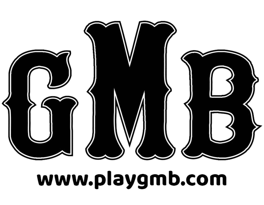 GMB logo in black with decorative lettering and website URL www.playgmb.com below.