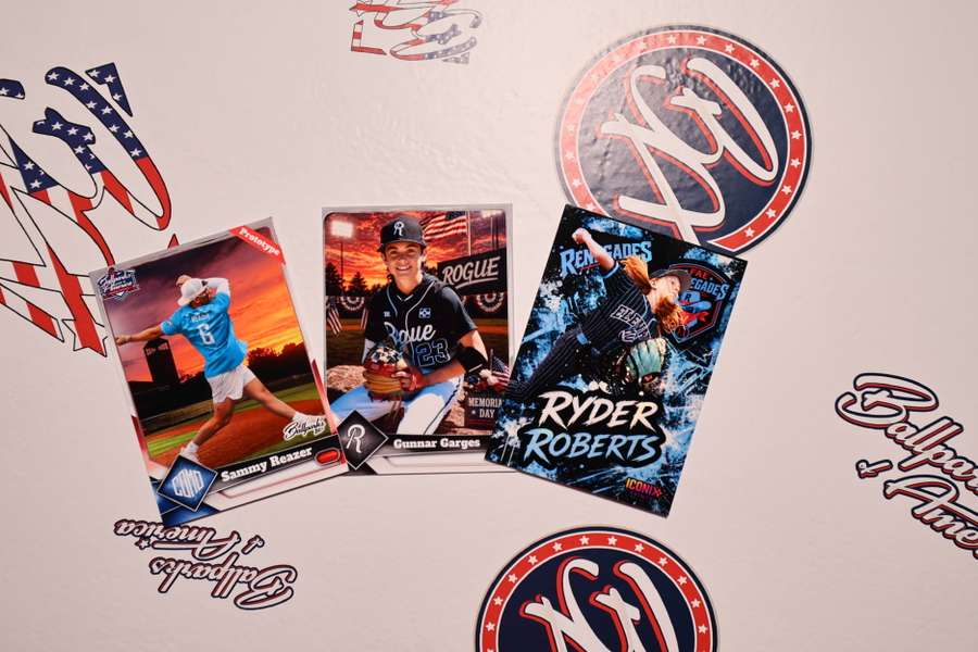 Baseball trading cards and team logos displayed on a light background featuring player photos.