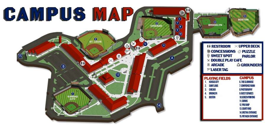 Baseball stadium campus map showing playing fields, buildings, and amenities with numbered locations and legend.