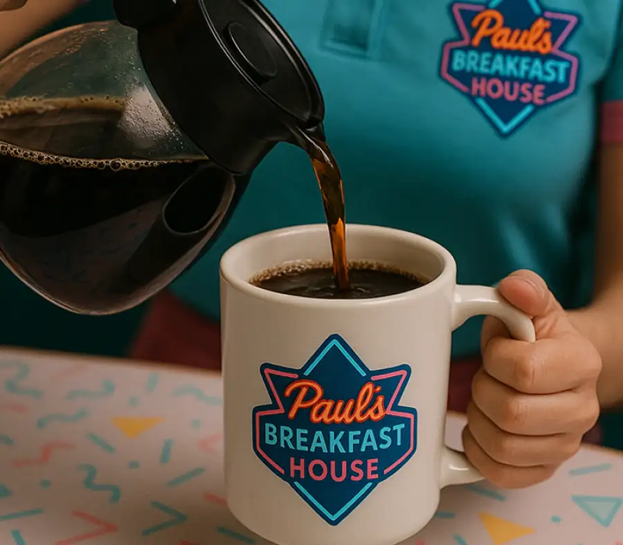 Fresh coffee being poured into a Paula's Breakfast House branded mug from a glass carafe.