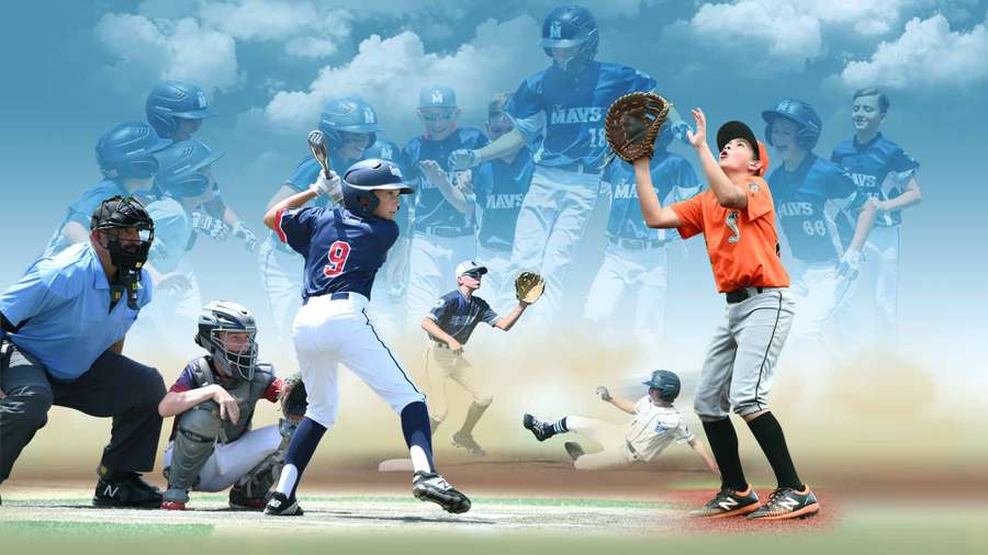 Young baseball players in various uniforms catching, batting, and playing positions on field.