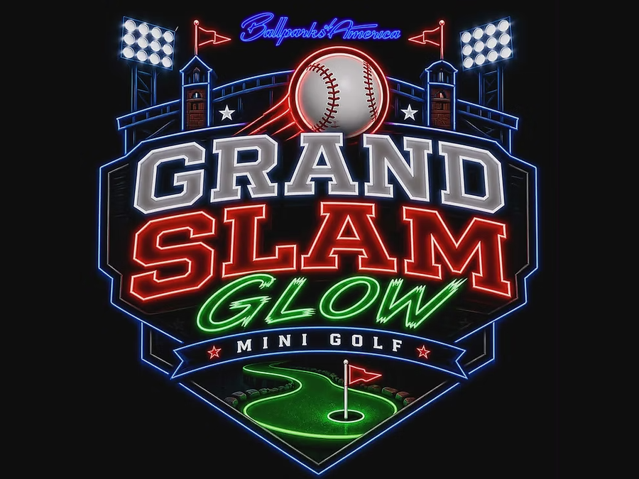 Neon sign for Grand Slam Glow mini golf at Ballpark of America with baseball theme.