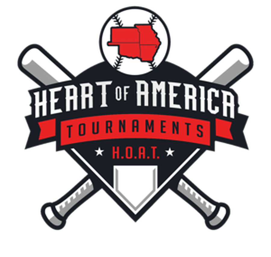 Heart of America Tournaments logo featuring crossed baseball bats, Iowa map, and baseball imagery.