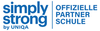 Blue logo reading "simply strong by UNIQA" separated by a vertical line from the German text "OFFIZIELLE PARTNER SCHULE".