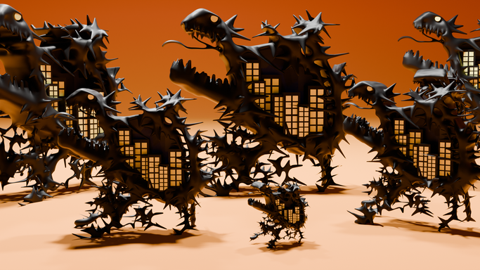 Spiky creatures with cityscape patterns on their bodies stand on an orange background, resembling artistic black monsters in a surreal scene.