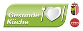 Green banner with "Gesunde Küche" text, featuring a plate, fork, knife, and two logos: a crest and a red circle with "oberösterreich."