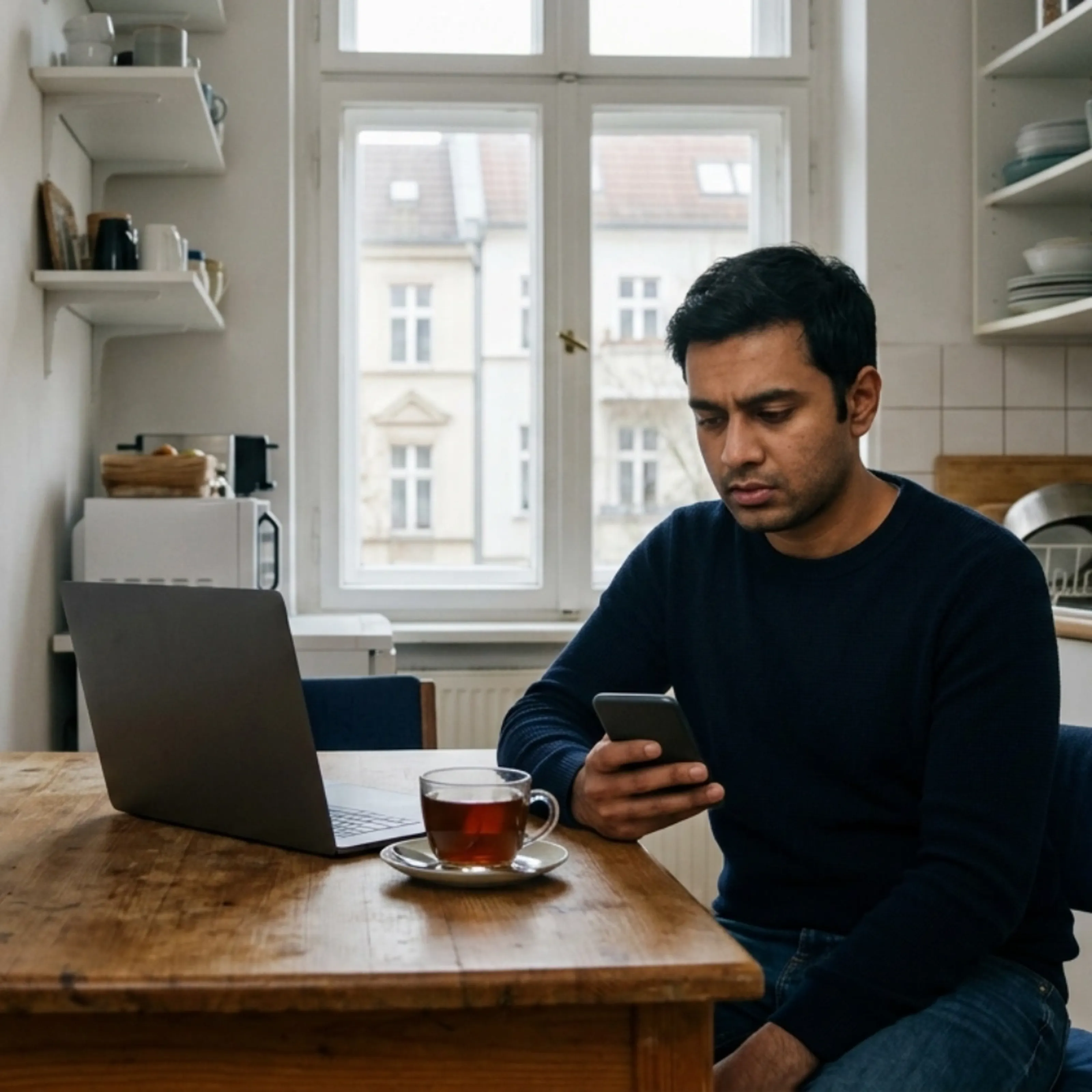 Ein Mann sitzt an einem Tisch in der Küche, benutzt ein Smartphone, neben ihm ein Laptop und eine Tasse Tee.