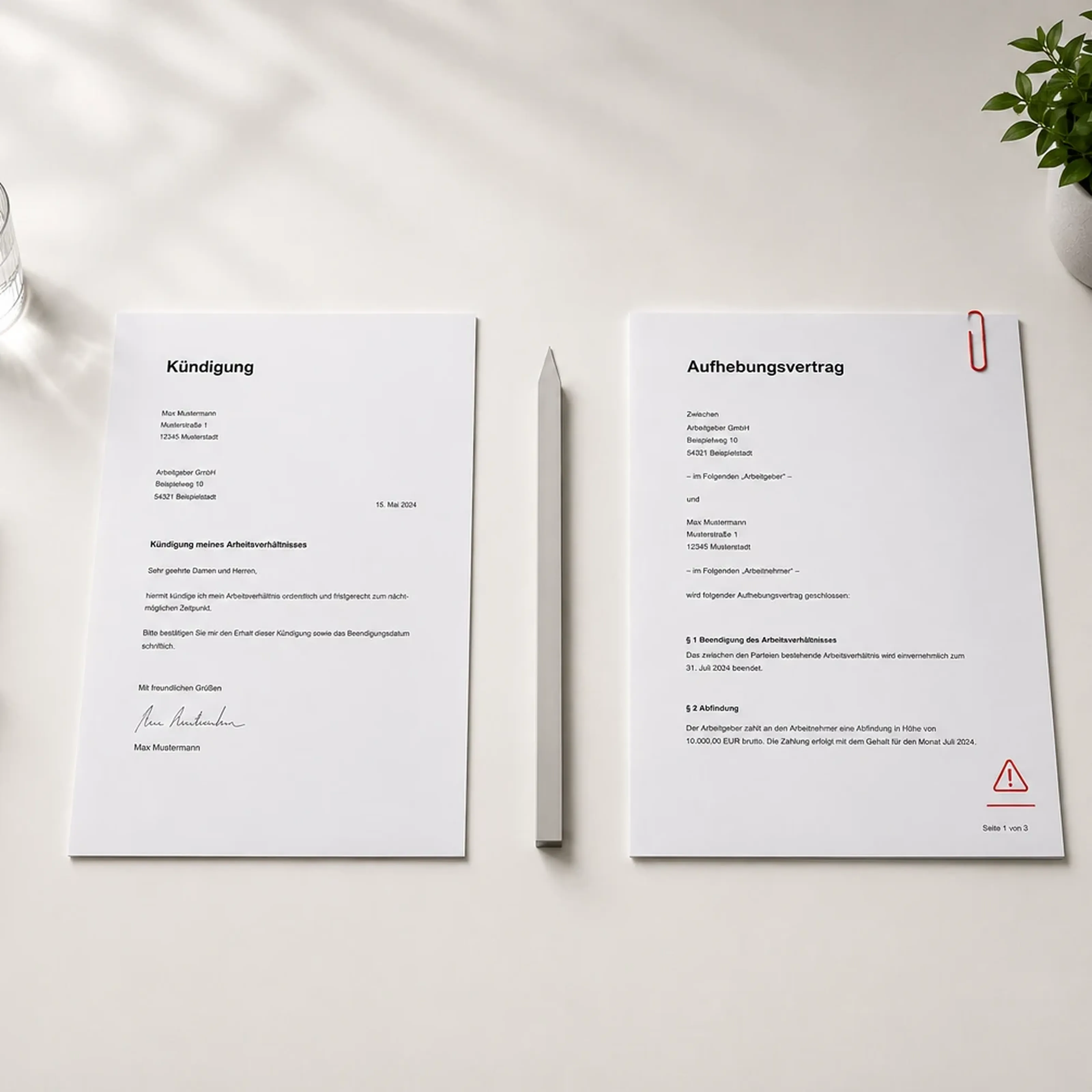 Two documents on a desk: a resignation letter and a termination agreement, with a pencil in between and a small plant nearby.