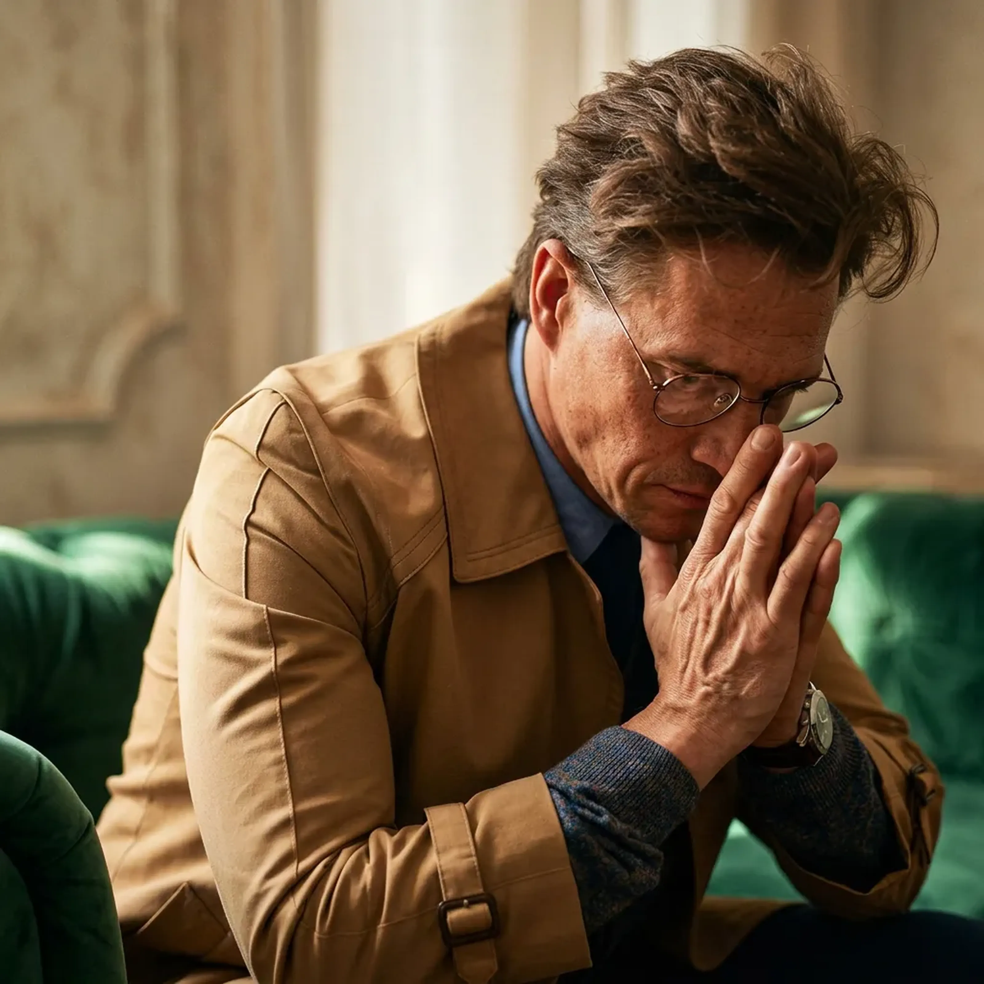 Ein Mann in Jacke und Brille sitzt nachdenklich auf einem grünen Sofa und stützt sein Kinn auf seine gefalteten Hände.