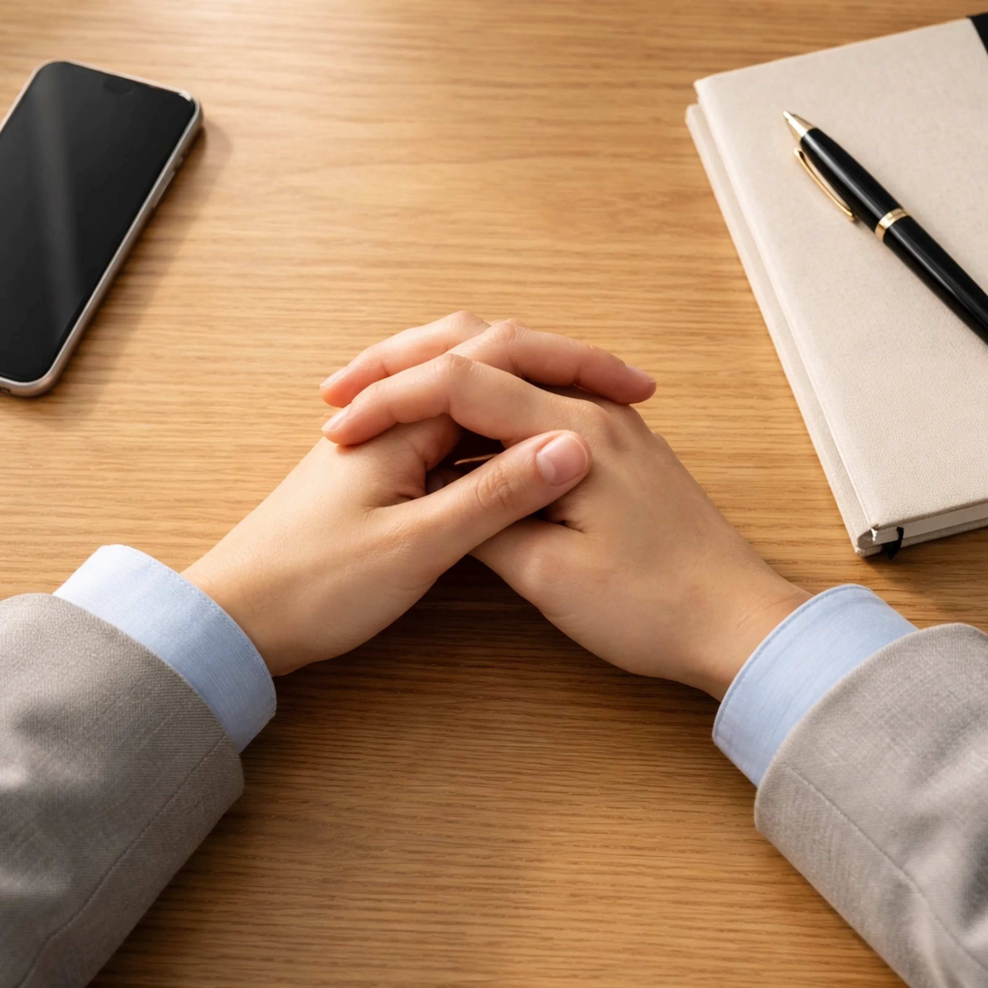 Hands clasped on a wooden desk beside a smartphone, notebook, and pen. Person wears a light blue shirt and gray suit jacket.