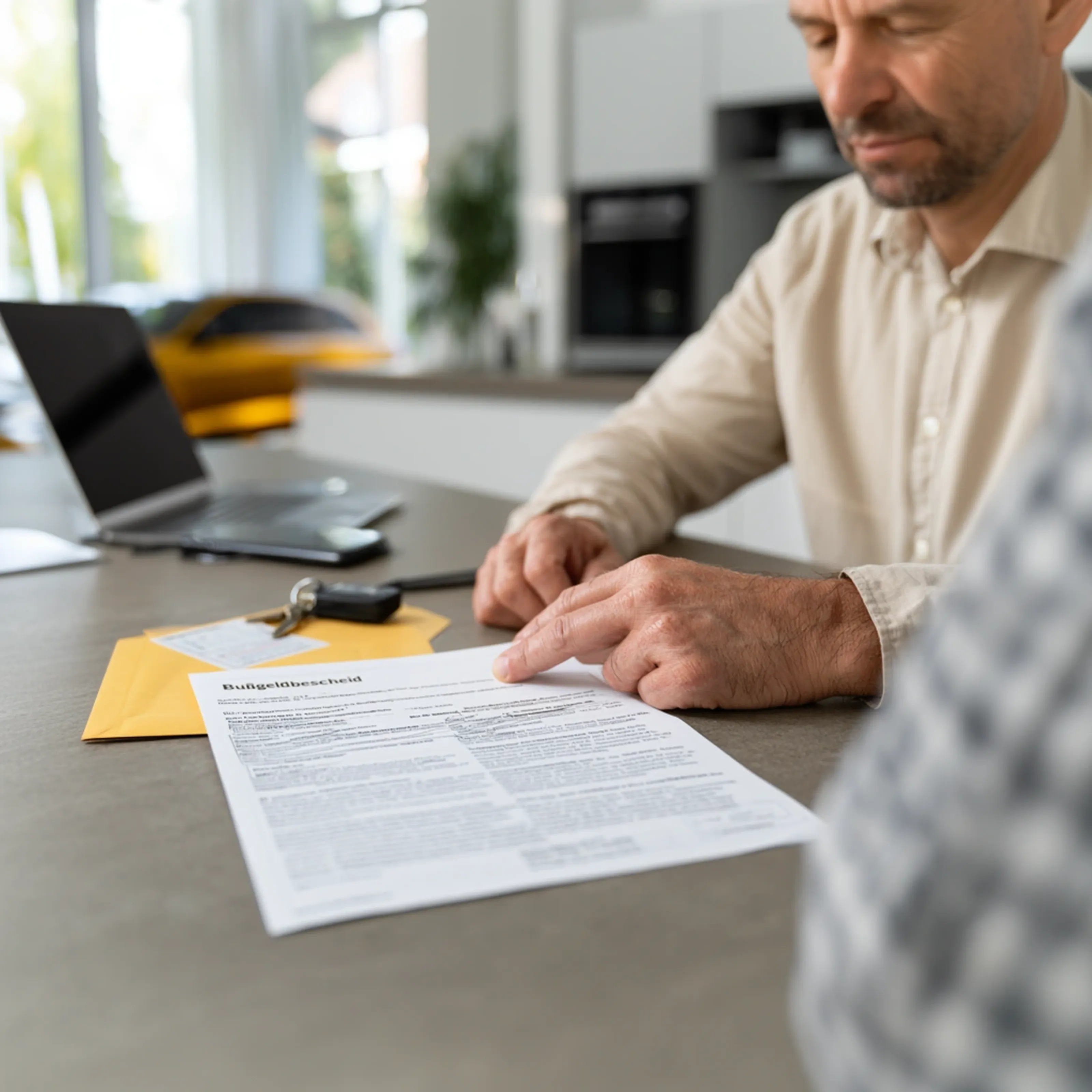 An expat driver reviews a German Bußgeldbescheid at home with a yellow envelope, car key, and calendar nearby, representing a traffic penalty notice and appeal deadline in Germany.