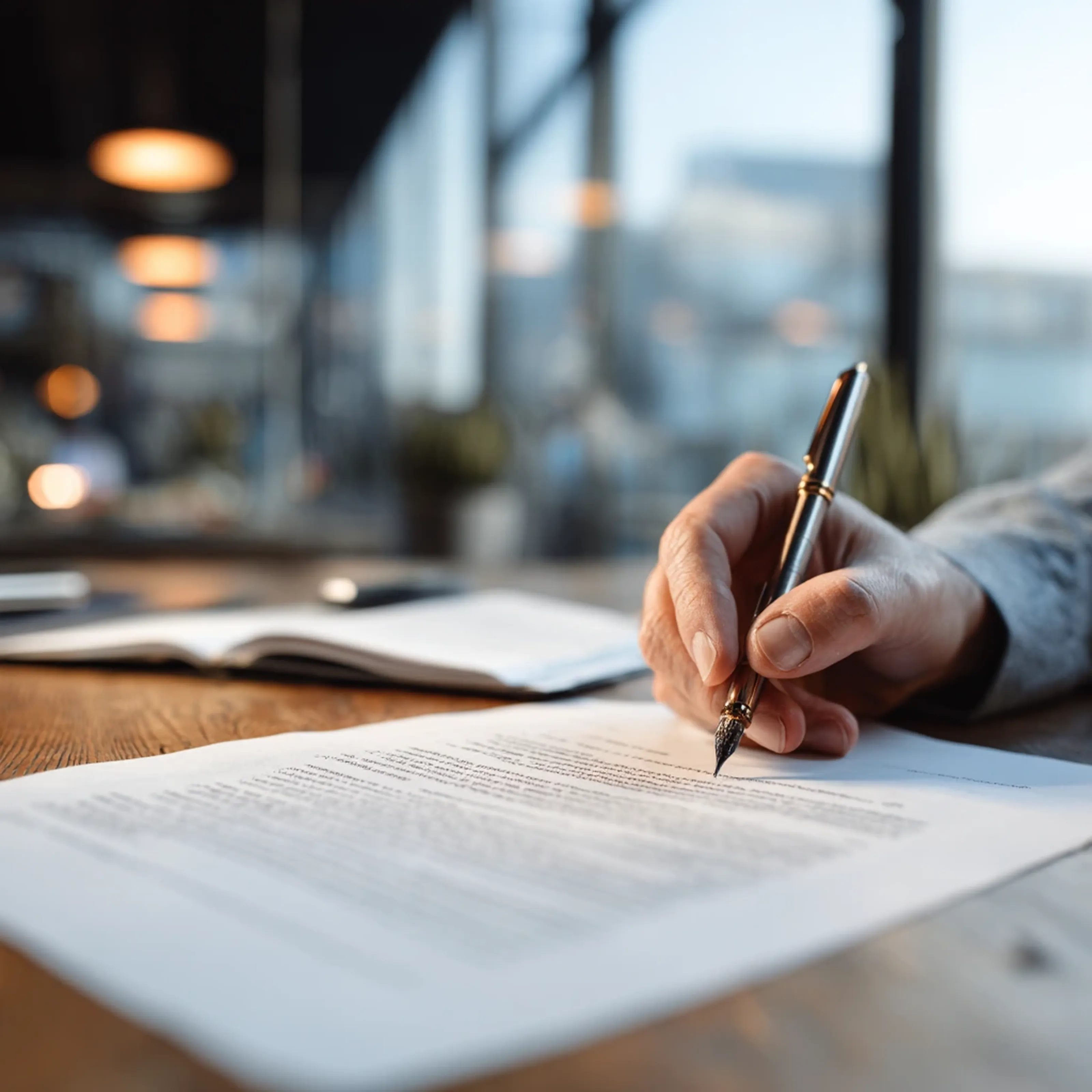 A hand holding a pen, writing on a contract at a wooden table, with a blurred office setting in the background.