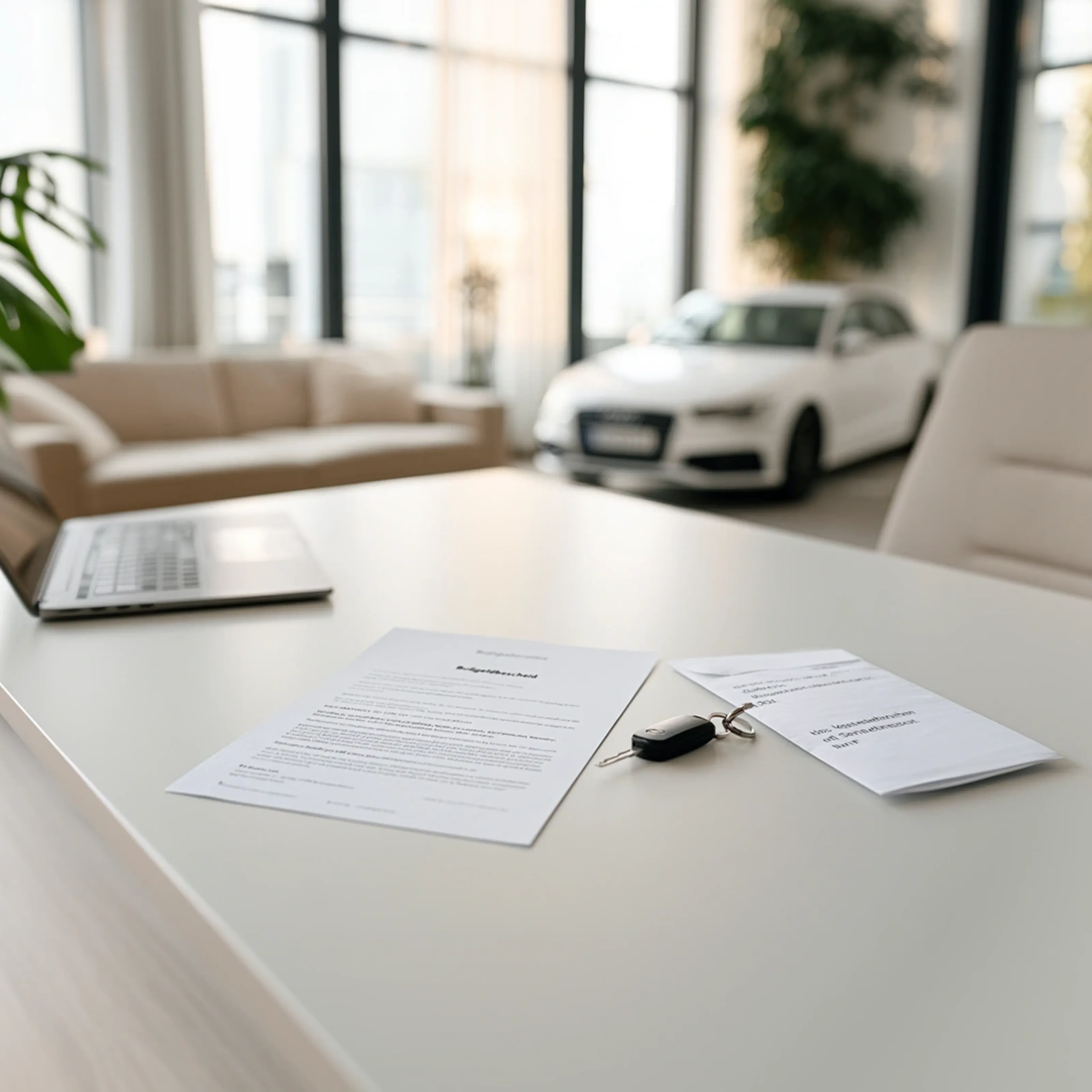 A German Bußgeldbescheid on a clean desk next to car keys, representing a formal penalty notice and possible driving ban in Germany.