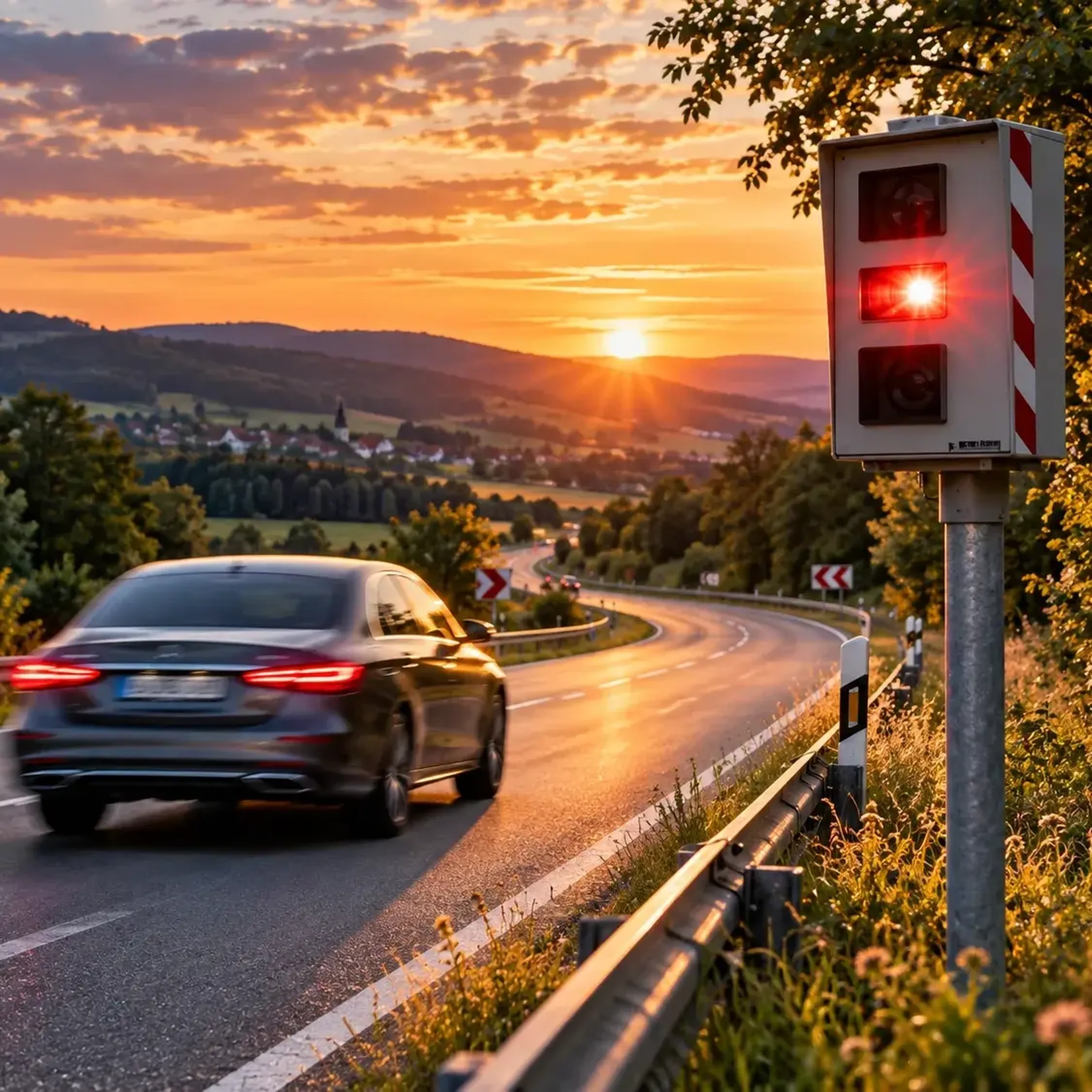 Ein Auto fährt auf einer Landstraße bei Sonnenuntergang, neben einer Blitzanlage für Geschwindigkeitskontrollen.