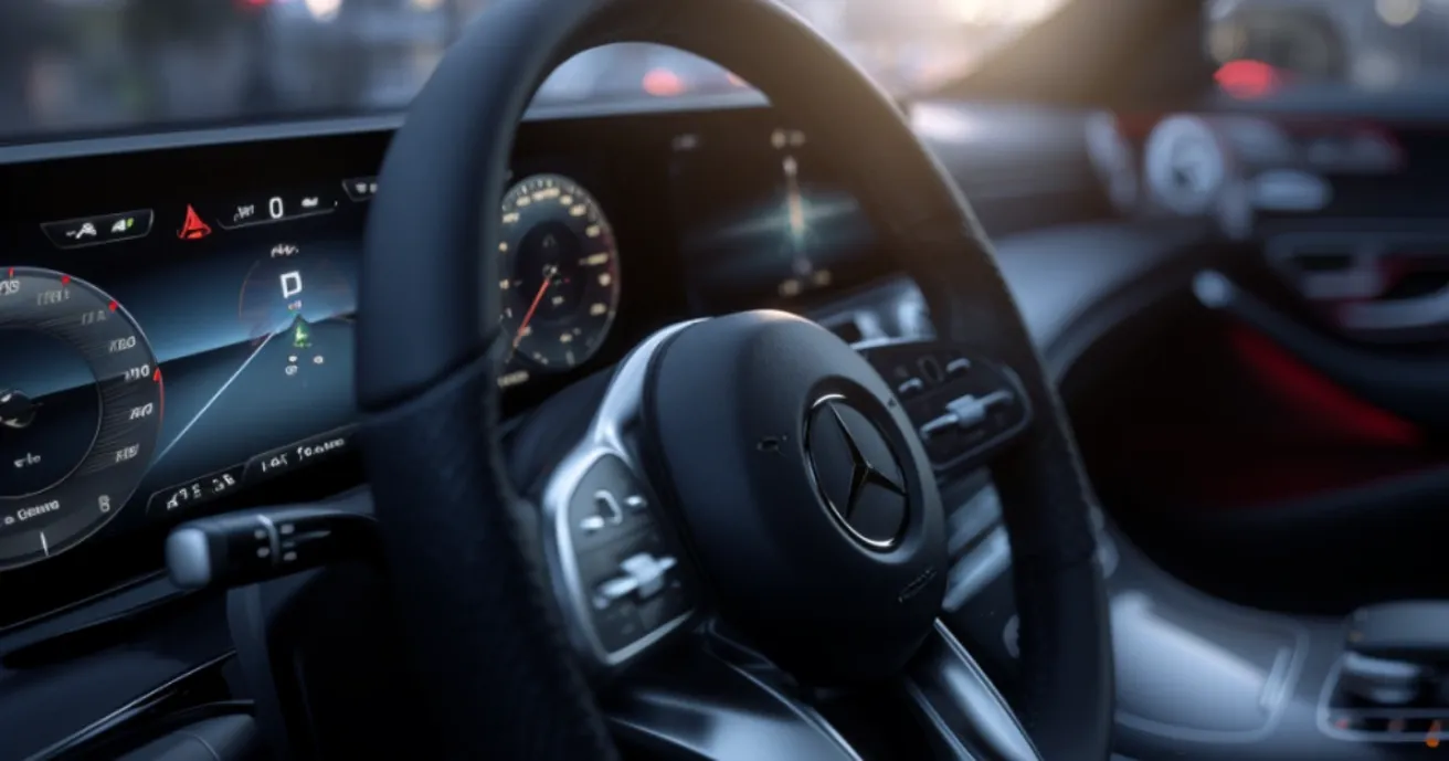 Close-up of a luxury car's steering wheel with a digital dashboard, displaying navigation and speed gauges, in a sleek, polished interior.