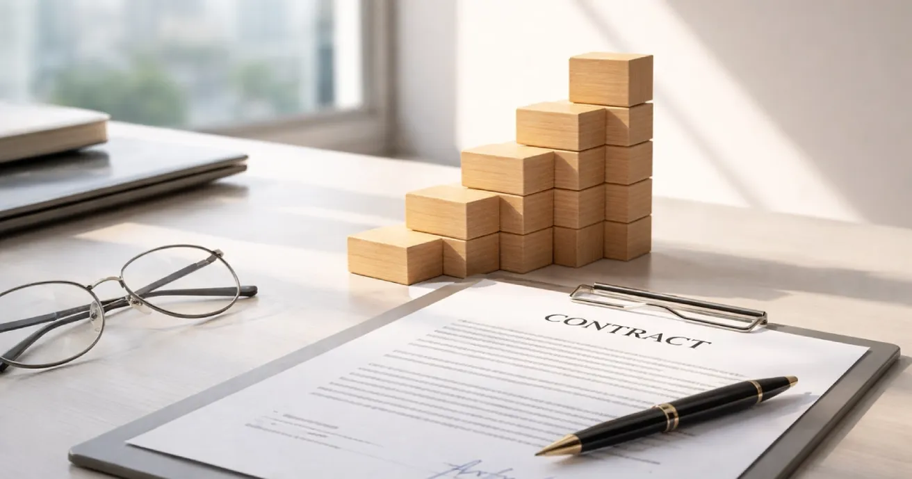 A contract and pen rest on a desk next to stacked wooden blocks and glasses, suggesting a business setting.