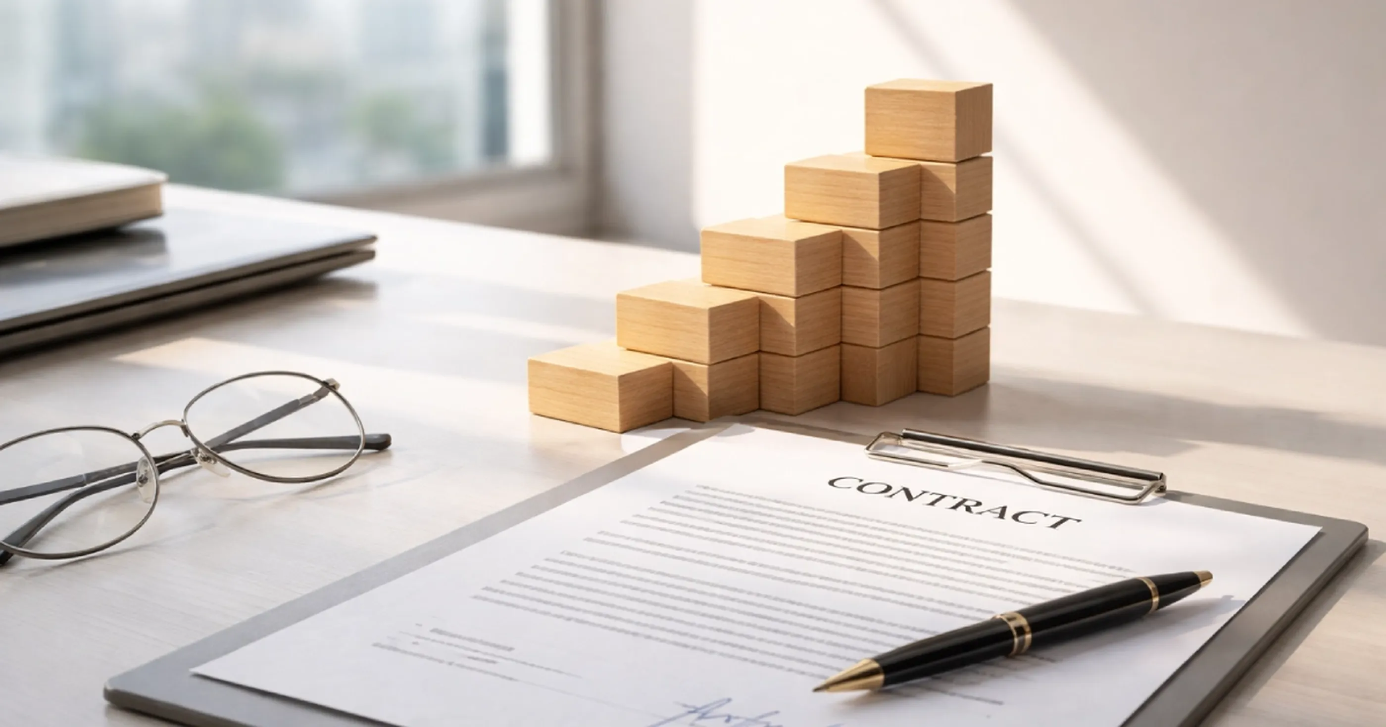 A contract and pen rest on a desk next to stacked wooden blocks and glasses, suggesting a business setting.