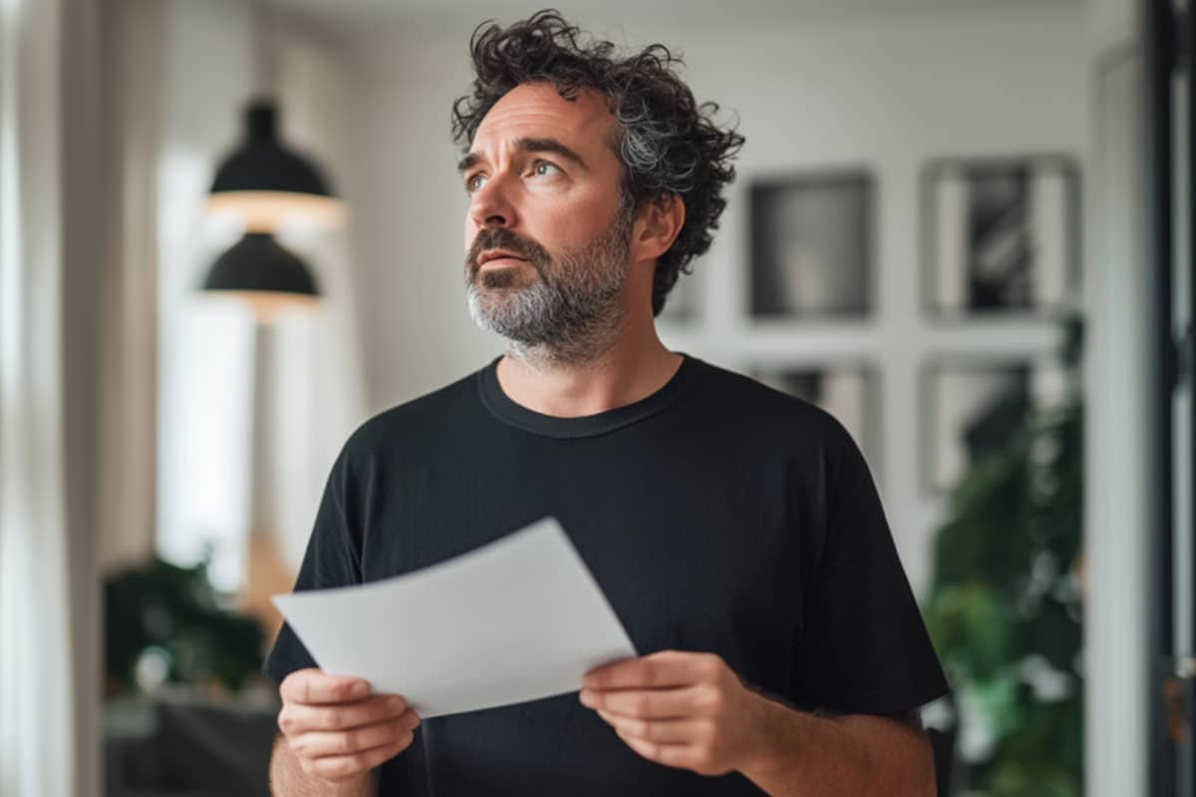 Ein Mann mit lockigem Haar und Bart hält Papiere in der Hand und blickt nachdenklich in einem modernen Raum mit sanfter Beleuchtung und verschwommenen Bilderrahmen an der Wand.