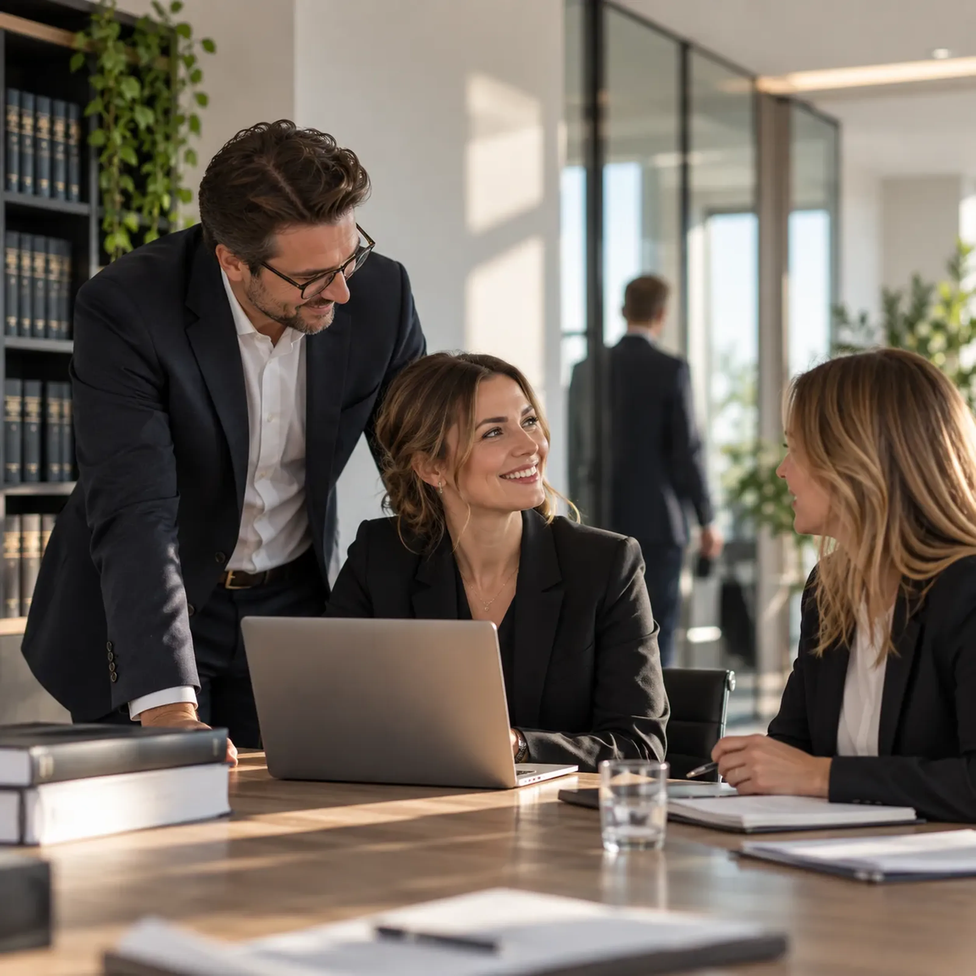 Drei Personen in Businesskleidung arbeiten lächelnd an einem Tisch mit einem Laptop und Dokumenten in einem modernen Büro.