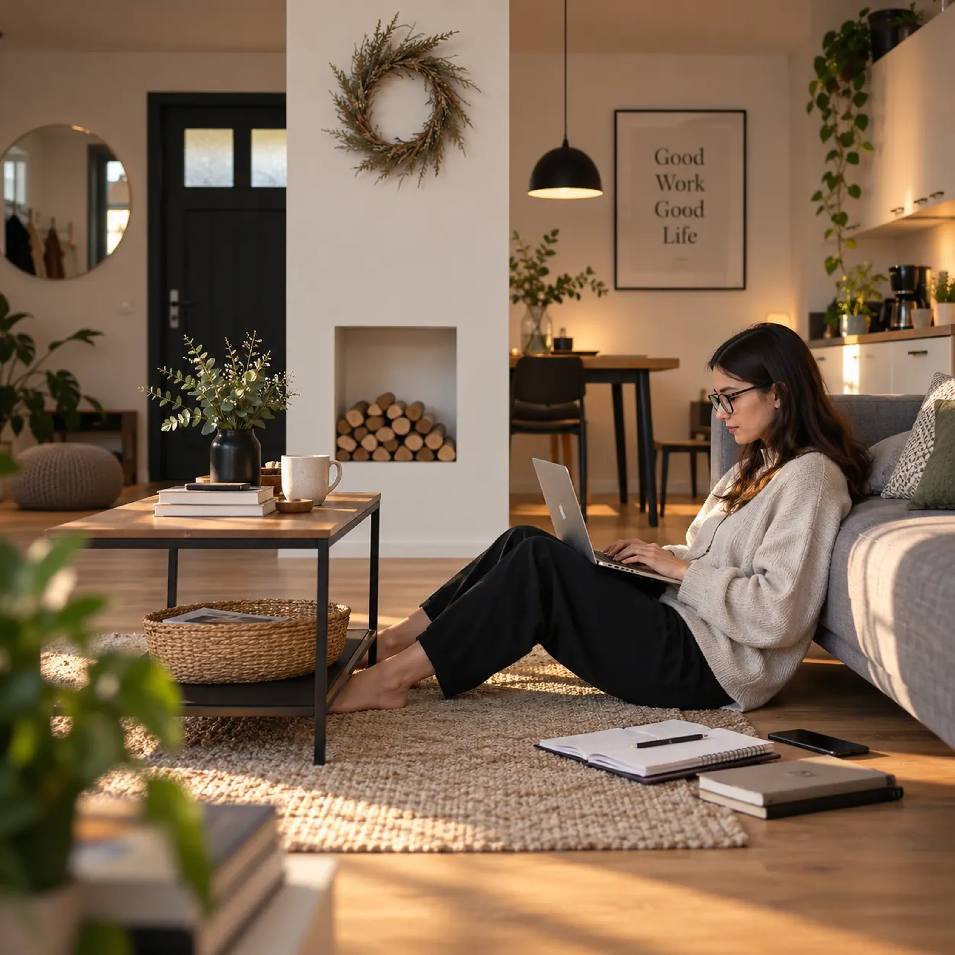 Frau arbeitet mit Laptop im gemütlichen Wohnzimmer, umgeben von Pflanzen und Büchern. Wandbild mit "Good Work Good Life" im Hintergrund.