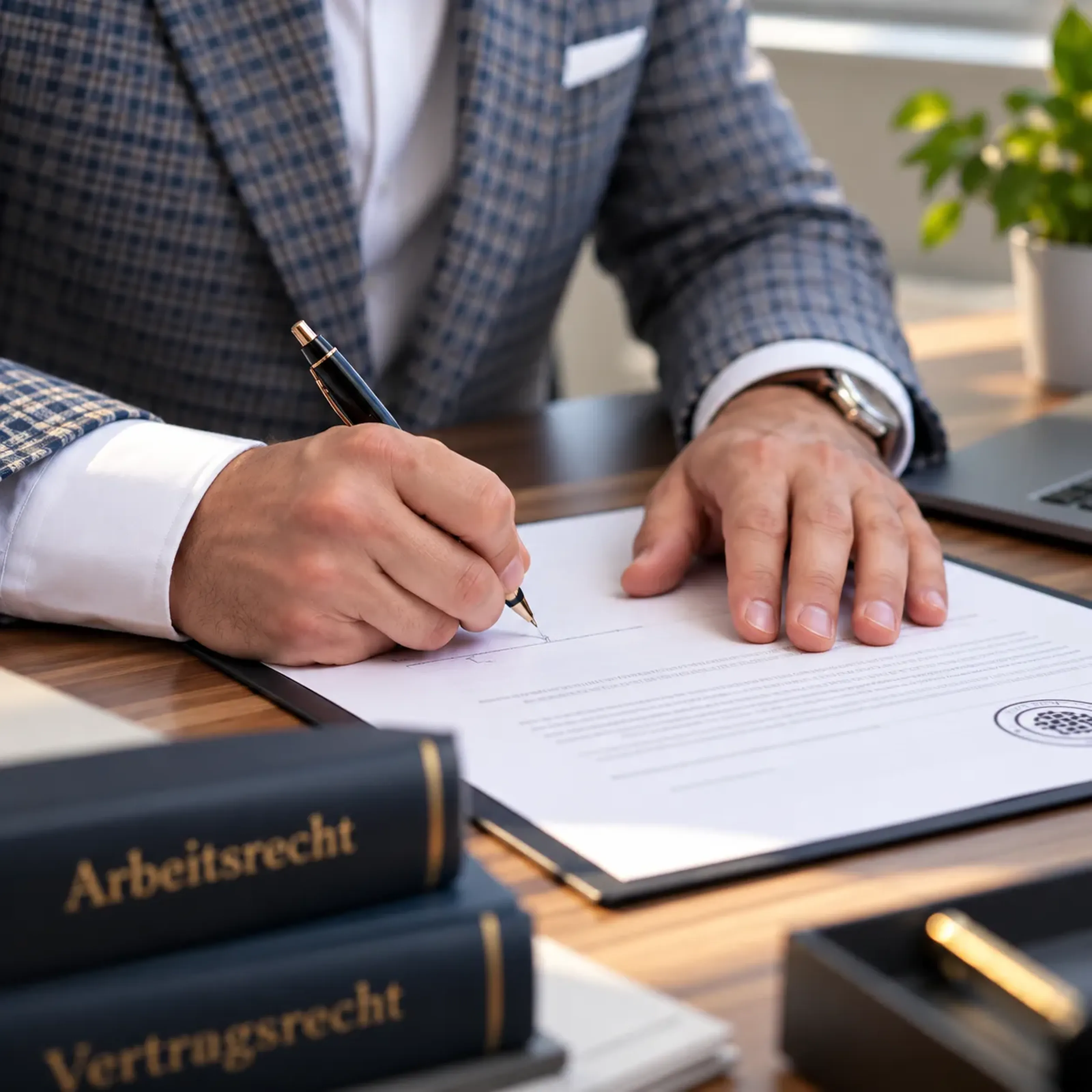 Mann in kariertem Anzug unterschreibt Dokument auf einem Schreibtisch mit Arbeitsrecht- und Vertragsrecht-Büchern und Laptop.