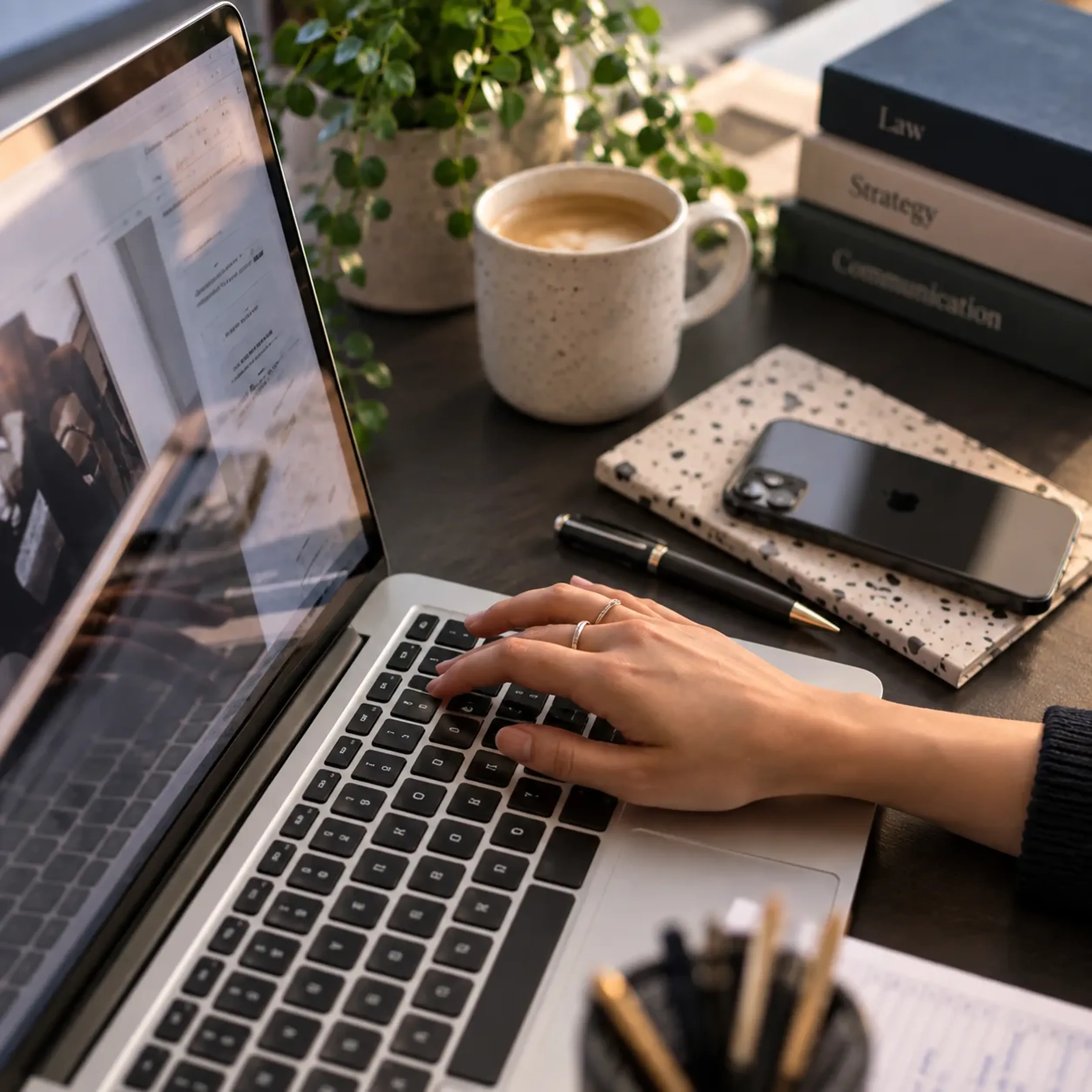 Eine Hand auf einer Laptop-Tastatur, daneben ein Smartphone, Bücher, ein Notizbuch, ein Stift, eine Kaffeetasse und eine Pflanze.
