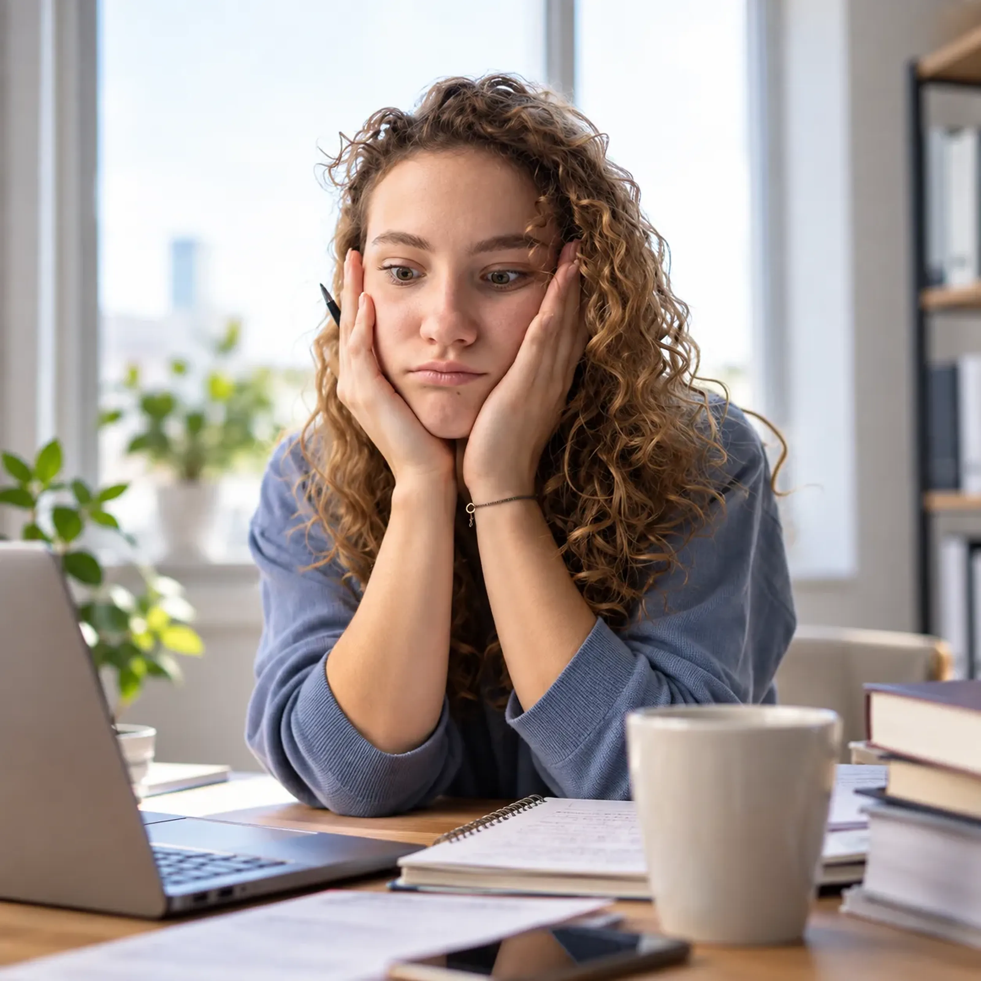 Eine Frau mit lockigem Haar stützt den Kopf in die Hände und schaut nachdenklich auf einen Laptop. Im Hintergrund sind Fenster und Pflanzen.