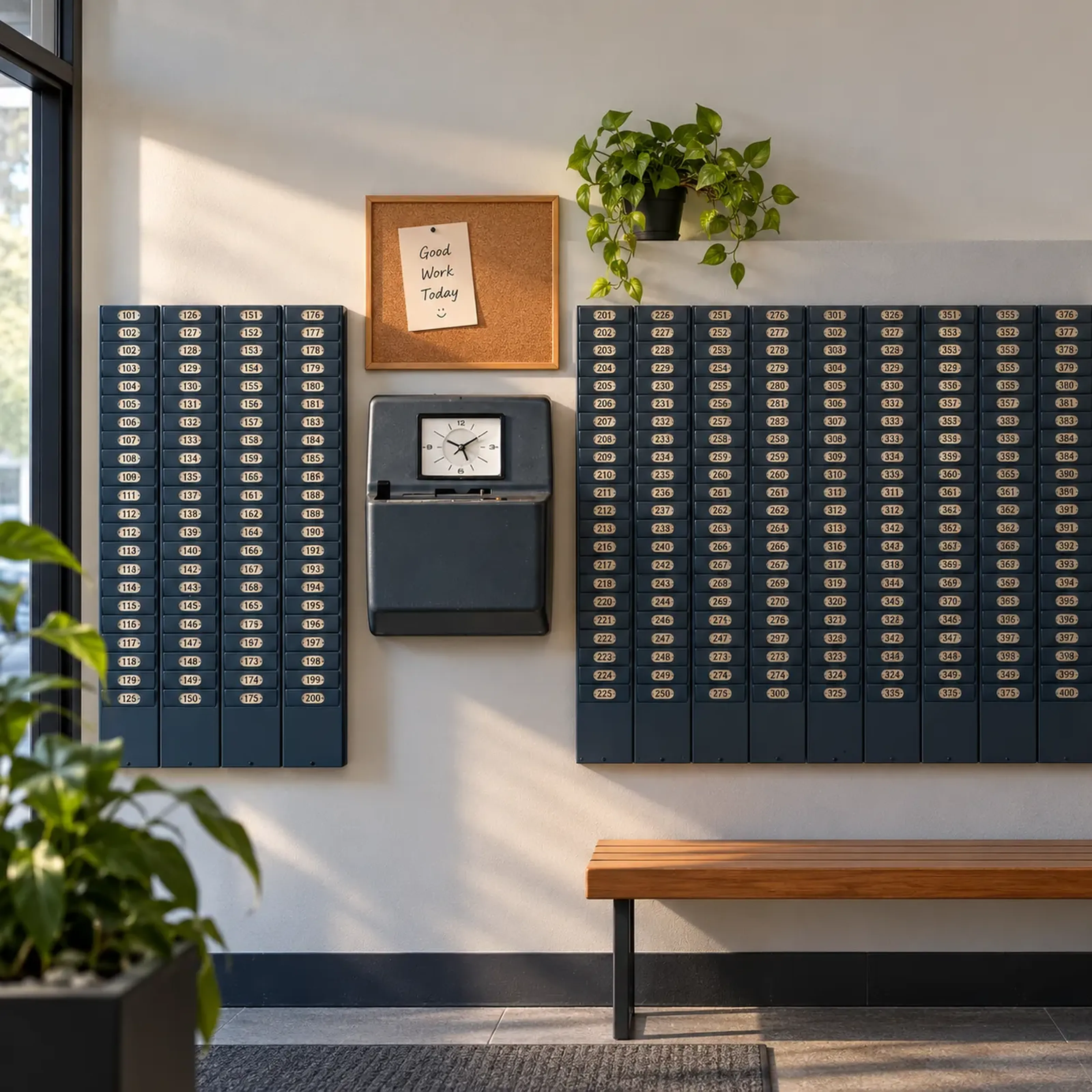 Stempeluhr an einer Wand mit nummerierten Fächern, Pinnwand mit Notiz "Good Work Today", daneben Pflanzen und eine Holzbank.