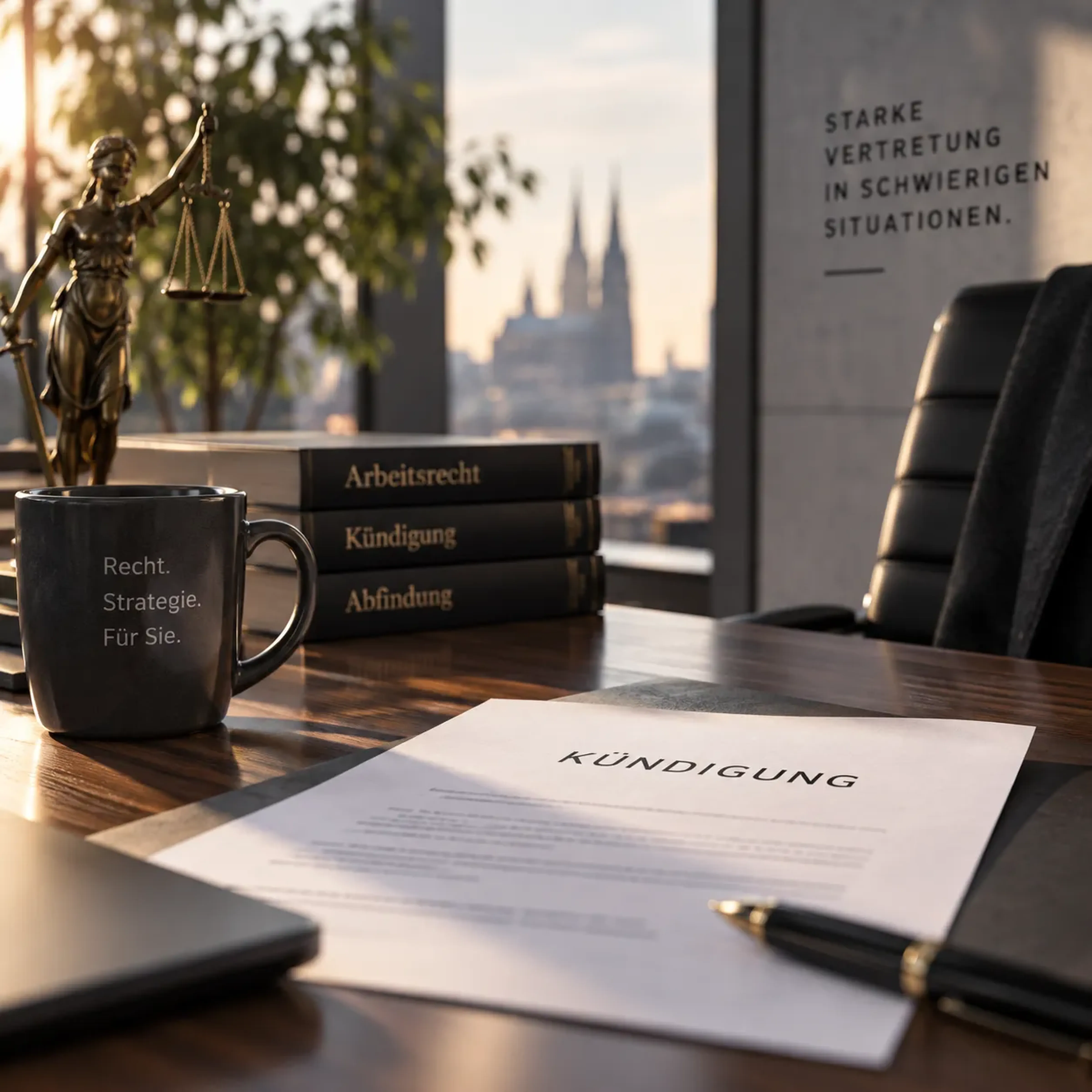 Ein Schreibtisch mit Dokument "Kündigung", Justitia-Statue, Tasse, Büchern zu Arbeitsrecht. Blick aus dem Fenster auf eine Stadt.