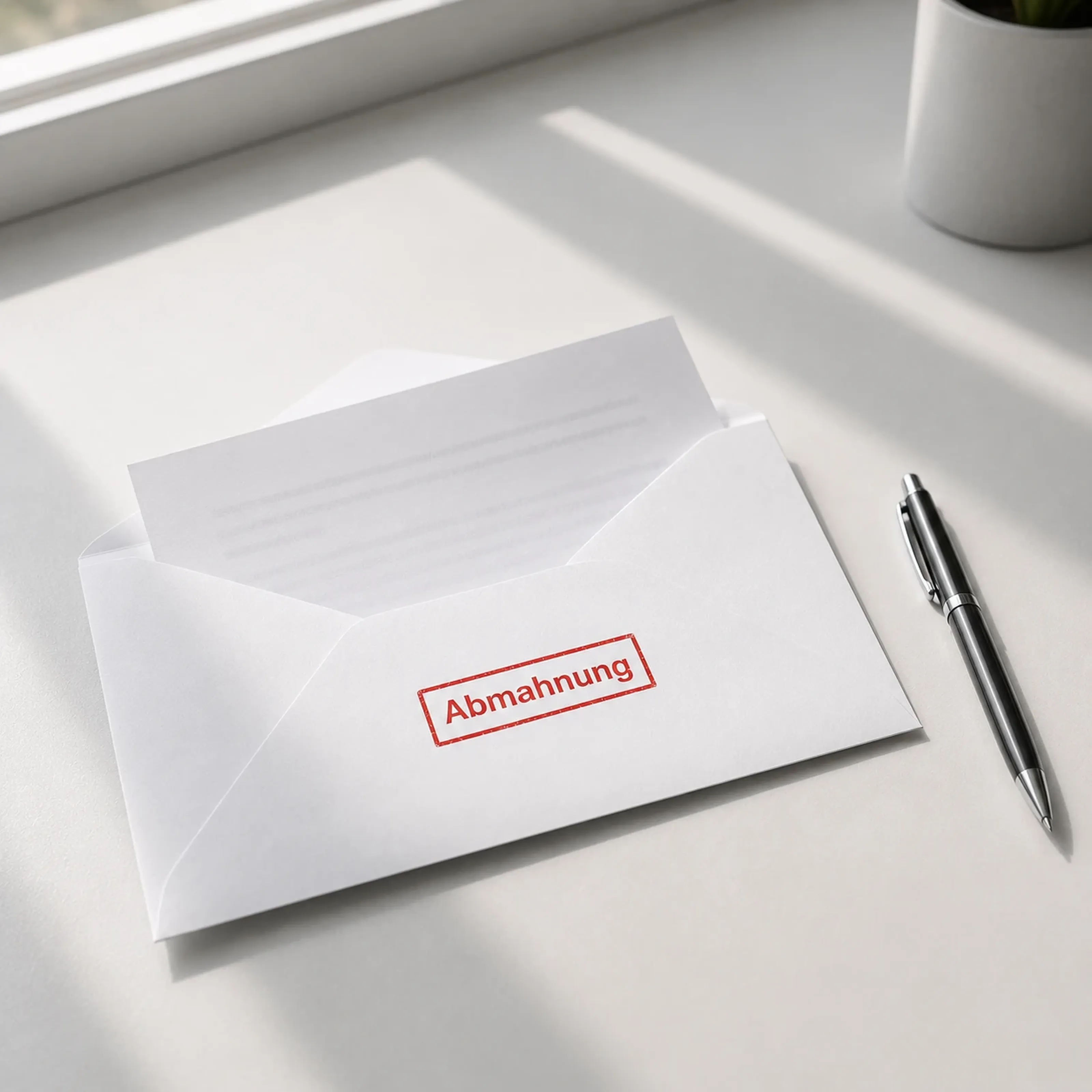 Open envelope labeled "Abmahnung" (German for warning or notice) with a letter inside, placed next to a pen on a white desk.