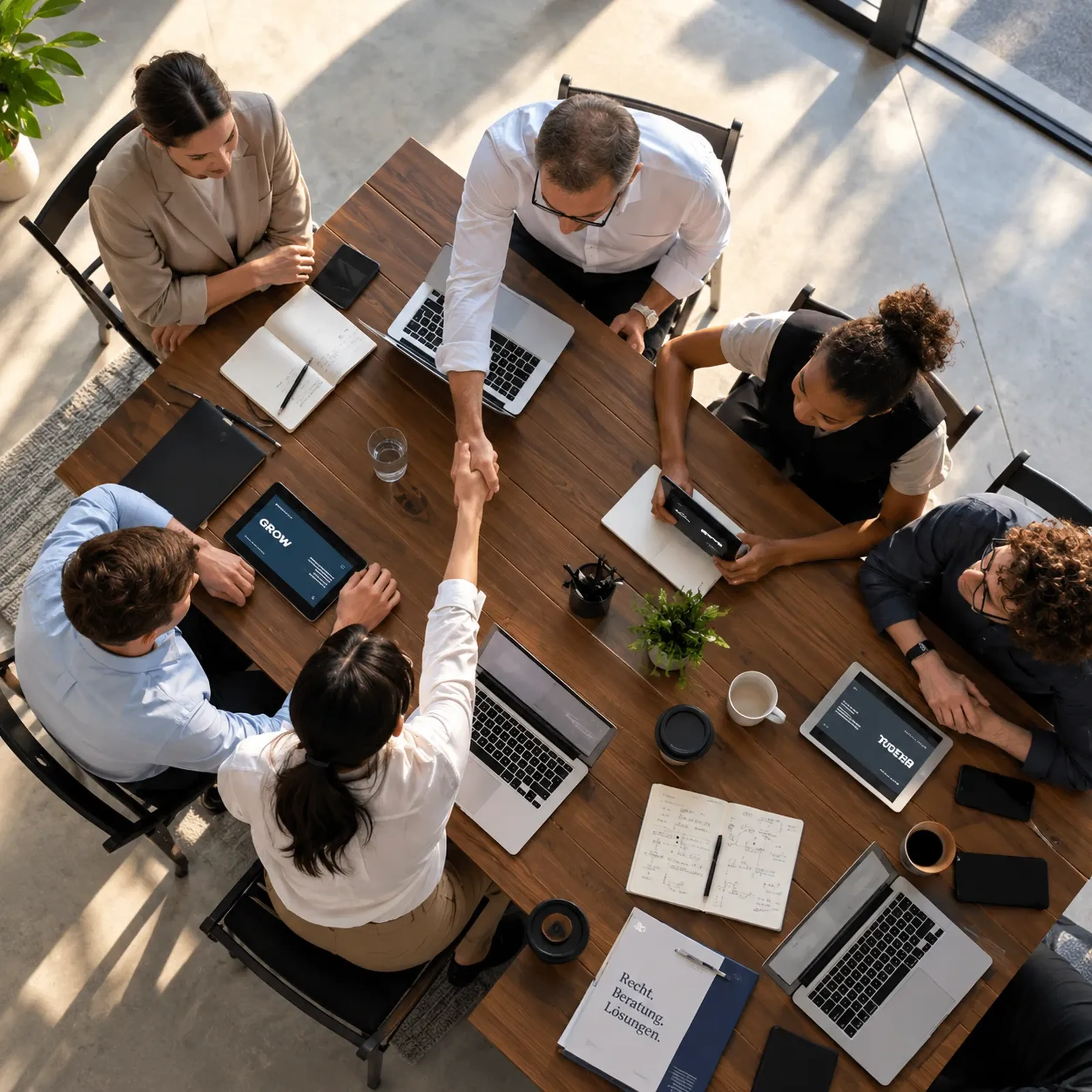 Sechs Personen sitzen um einen Holztisch mit Laptops und Tablets. Zwei Personen schütteln sich die Hand. Pflanzen und Notizbücher sind auf dem Tisch.