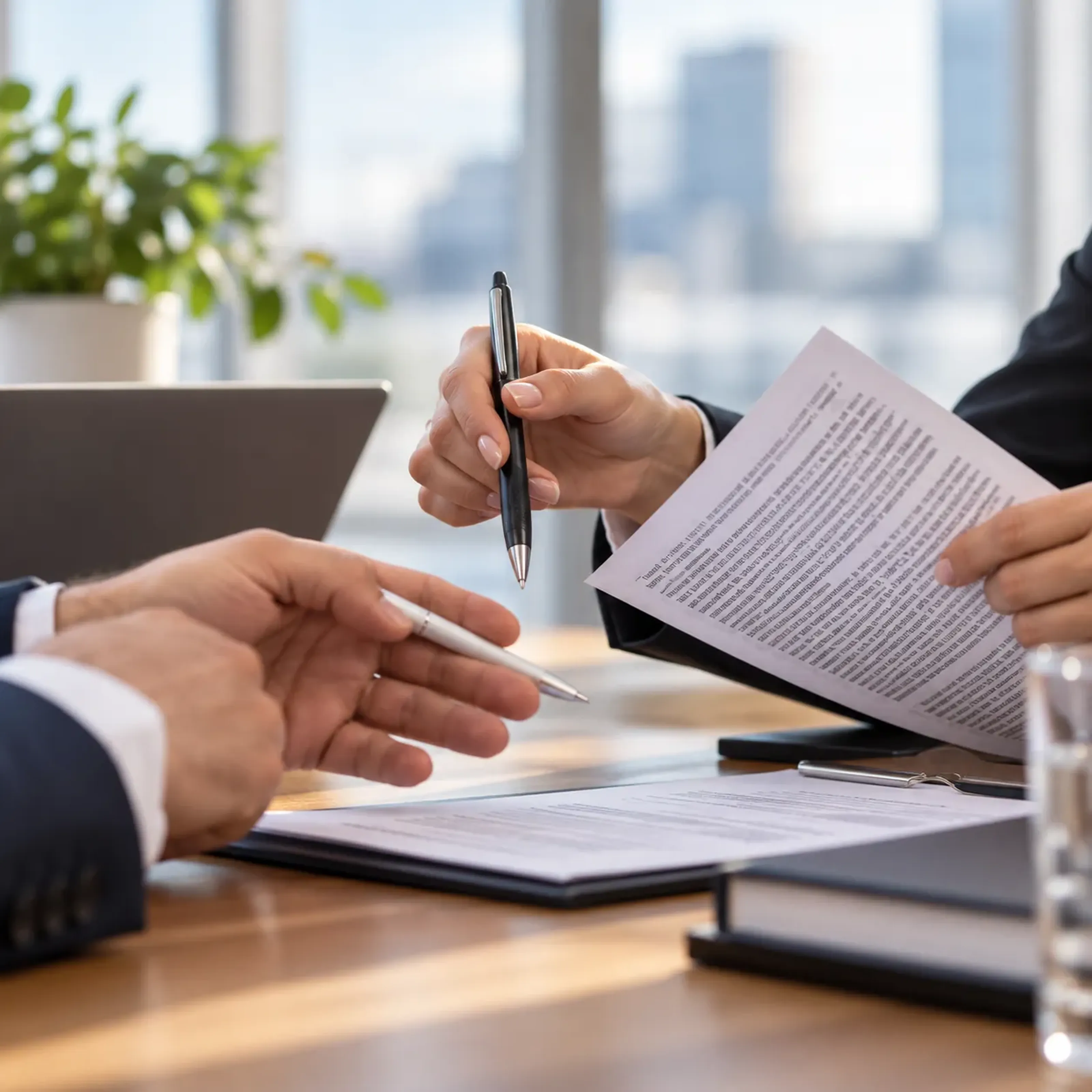 Zwei Personen in Business-Anzügen diskutieren Dokumente an einem Tisch, mit einem Laptop und Topfpflanzen im Hintergrund.