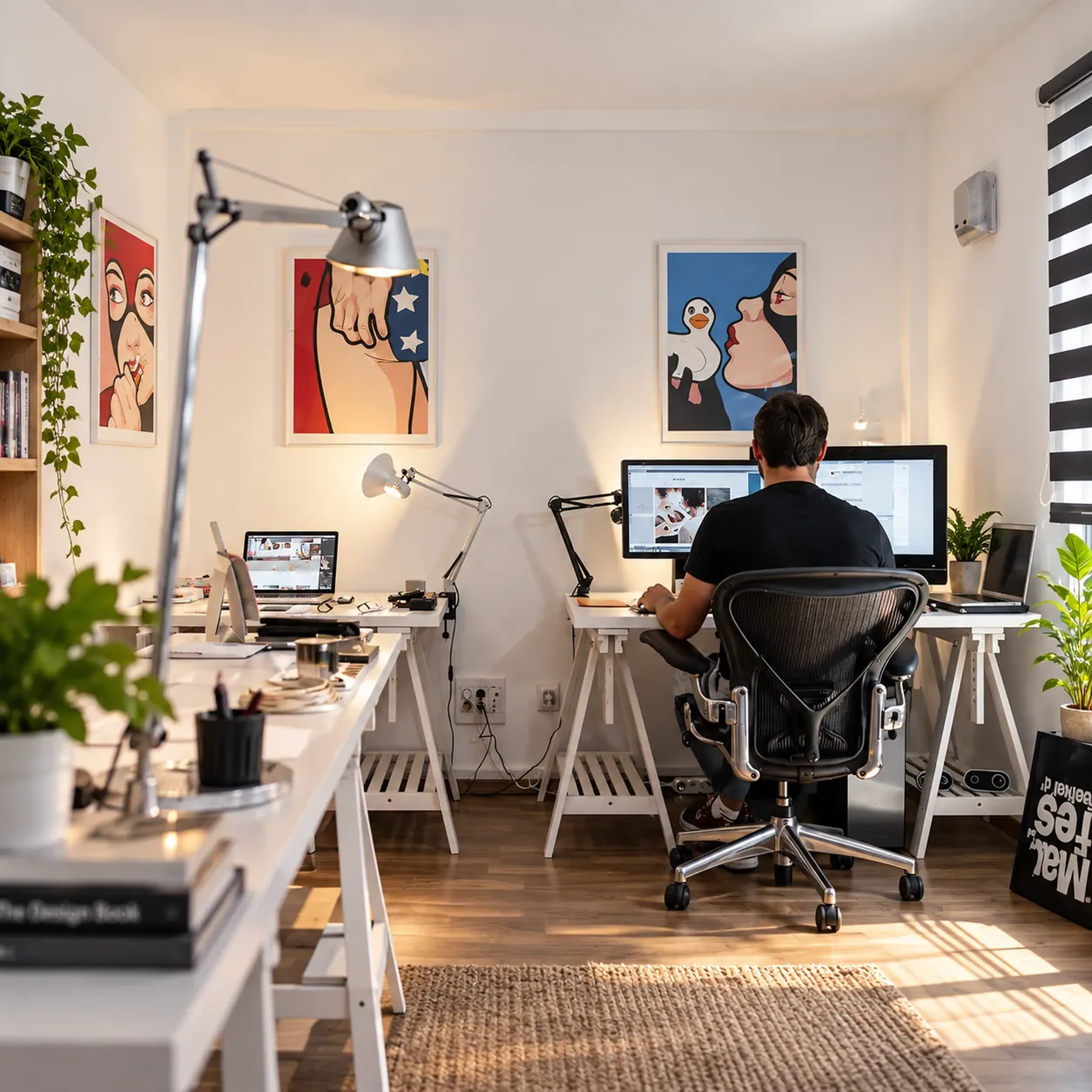 Mann sitzt am Schreibtisch in modernem Büro mit zwei Monitoren und Kunstwerken an der Wand; Pflanzen und Lampen ergänzen die Einrichtung.